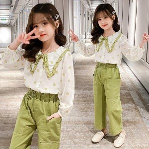 子供服 セットアップ キッズ 女の子 長袖 春服 上下セット トップス ブラウス シャツ 折り襟 ロングパンツ 長ズボン 韓国子供服 ジュニア