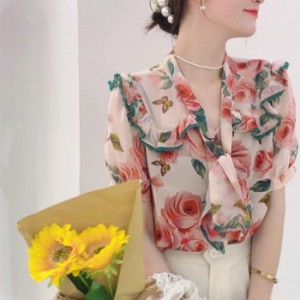 ブラウス レディース 40代 春夏新作 オシャレブラウス 花柄 ゆったりシャツ 上品 半袖トップス シフォンブラウスリボンネック 韓国風 通
