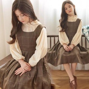 子供服 ワンピース キッズ 長袖 子供ドレス dress 女の子 秋着 2点セット 膝丈ワンピース ブラウス 韓国子供服 ジュニア カジュアル おし