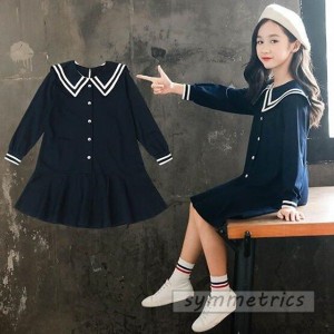 子供服 ワンピース キッズ 長袖 子供ドレス dress 女の子 春秋 シャツワンピース 膝丈 無地 折り襟 韓国子供服 ジュニア カジュアル おし