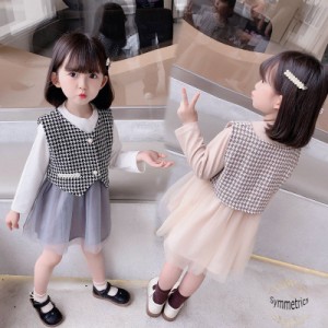 子供服 セットアップ 幼児 女の子 千鳥格子 ベスト+ワンピース 2点セット 春服 可愛い キッズ 姉妹 ベビー 通園 通学 お出かけ 長袖 春着