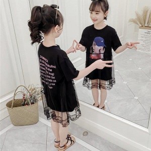 子供服 ワンピース チュールスカート 女の子 膝丈 ひざ丈 Tシャツワンピース 黒 レース 切り替え プリント 半袖 きれいめ 子ども服 無地 