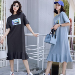 ビッグTシャツ大きいサイズ ロングTシャツフレアワンピース Tシャツワンピース レディーストップス ゆったり可愛い M L XL グレー ホワイ