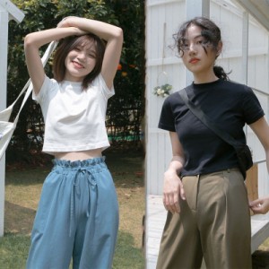 Tシャツ レディース ショート丈 半袖 無地 シンプル 夏 トップス へそ出しルック 韓国ファッション 原宿系 ヒップホップ ダンス ストリー