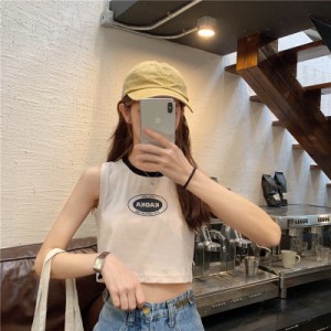 タンクトップ レディース ショート丈 袖なしTシャツ ロゴ 夏トップス 韓国系ファッション 原宿系 ヒップホップ ダンス ストリート風 へそ