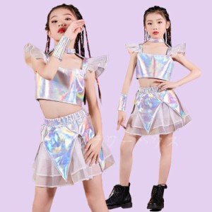 キッズ ダンス衣装 チアガール 女の子 上下セット 腕飾り付き ヒップホップ 子供 HIPHOP スカート 120-170cm ダンス衣装 キラキラ へそ出