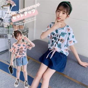 子供服 セットアップ キッズ 女の子 韓国子供服 上下セット 2点セット 半袖 Tシャツ ショートパンツ デニム 可愛い 通学着 通園着