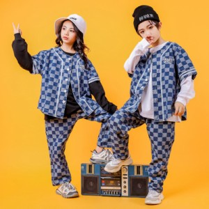 キッズ ダンス 衣装 ダンス衣装 子供 セットアップ ヒップホップ HIPHOP 女の子 男の子 長袖 トップス パンツ チェック柄 ステージ衣装 