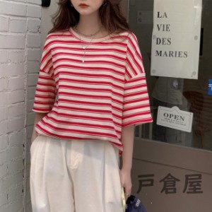 Tシャツ ゆったり レディース カットソー ボーダー柄 半袖Tシャツ クルーネック 夏 5分丈袖Tシャツ サマーTシャツ レトロ 丸首 トップス 