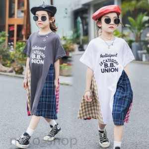 ゆったり Tシャツワンピース キッズ 女の子 トップス ロングT 夏新作 韓国子供服 ドッキング チェック柄 ゆったり 夏新作 おしゃれ カジ