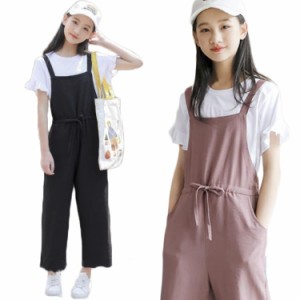 二点セット 半袖 キッズ サロペットパンツ 夏服 女の子 薄手 夏 Tシャツ トップス オーバーオール 送料無料 子供服 ウエスト紐 シンプル 