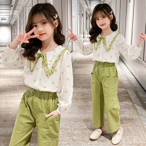 子供服 女の子 子供服 長ズボン セットアップ 春服 上下セット トップス ブラウス シャツ 折り襟 ロングパンツ キッズ 韓国子供服 ジュニ