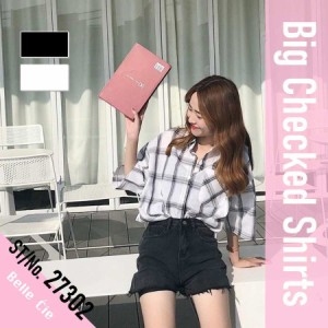 モノトーンチェック ビッグシャツ レディース 半袖シャツ 韓国ファッション ベルシー