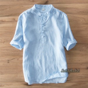リネンシャツ メンズ　半袖シャツ　カジュアル　和風　リンネル 薄手 立ち襟　ゆったりめ　クールビズ 無地　3色
