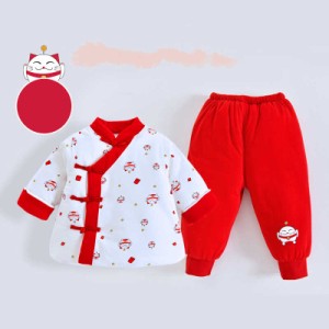 子供のスーツ お正月服 トップス+パンツ 2点セット ラッキーキャット 柔らかい かわいい 中華風 女の子 男の子 子供 子供服 冬 長袖 厚手