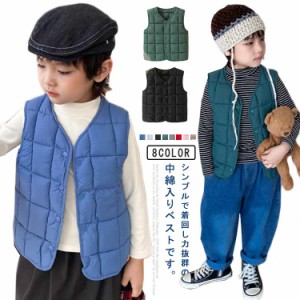 インナーベスト Vネック ダウン風 袖なしキルティング 子供服 トップス キッズ 中綿ベスト 軽量 スナップボタン レイヤード 防寒 防風 羽