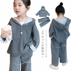  無地 フーディー スウェット トレーナー パーカー オシャレ プルオーバー セットアップ キッズ 子供服 フードつき ワイドパンツ 上下セ