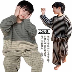  100 上下セット 秋 パジャマ ロンt 部屋着 長ズボン tシャツ 男の子 ルームウェア 長袖 ボーダー柄 ゆったり プルオーバー キッズ 薄手 