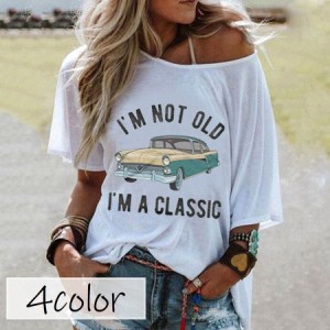 Tシャツ 半袖 レディース 女性 トップス カットソー ラウンドネック ボートネック オフショルダー ワンショルダー 車 ロゴ 英字 プリント