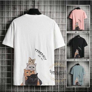 Tシャツ メンズ 夏服 猫柄 トップス 半袖Tシャツ メンズティーシャツ カットソー クルーネック カジュアルTシャツ