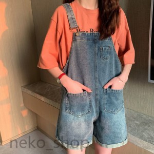 デニムサロペット ゆったり 女性 サロペットパンツ ショートパンツ 短パン カジュアル オーバーオール デニム レディース ワイドパンツ 