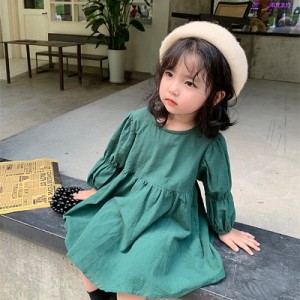 女児ワンピース 女の子ドレス 両面着れスカート 子ども服 長袖 ひざ丈 ボタン かわいい パフスリーブ ラウンドネック 新品 ゆったり