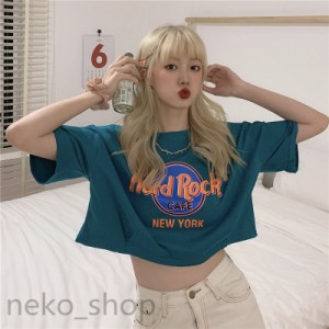 Tシャツ レディース 半袖 クルーネック ティーシャツ トップス ショート丈 へそ出し ゆったり インナー スリム 着痩せ 女性用 ヒップホッ