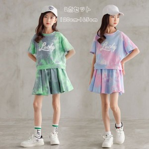 子供服 女の子 セットアップ 夏服 チアリーダー 上下セット 人気 スポーツ  Tシャツ+ スカート 2点セット お洒落 学生 半袖 ピンク グリ