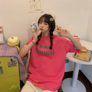 カットソー tシャツ Tシャツ 夏物 着痩せ レディース 韓国風 チェック プリント ゆったり ワイドTシャツ 着回し 夏コーデ 細身 半袖 丸首