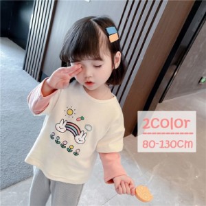 カットソー 子供服 こども用 キッズ ベビー 女の子 トップス 長袖 Tシャツ 重ね着風 うさぎ かわいい ラウンドネック プリント カジュア