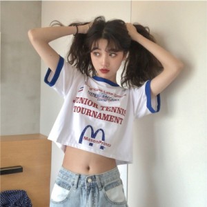 Tシャツ レディース 半袖 へそ出し ショート丈 カップル服 姉妹服 かわいい トップス ショートタンクトップ 夏 ゆるい   韓国ファッショ