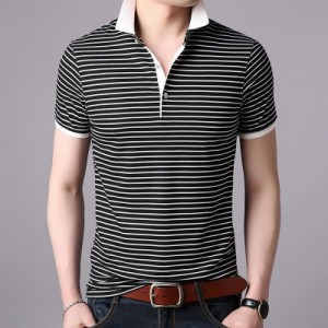 半袖Tシャツ メンズ ロングTシャツ ポロネックトップス　ストライプTシャツ カットソー ファッション