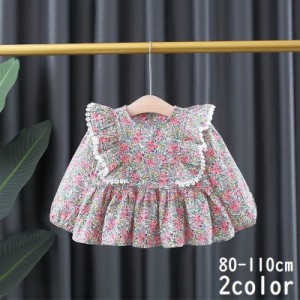 ミニワンピース チュニックワンピ 長袖 ショート丈 子供服 ベビー キッズ レース 花柄 プリント フレア Aライン 肩フリル 切り替え 丸首 