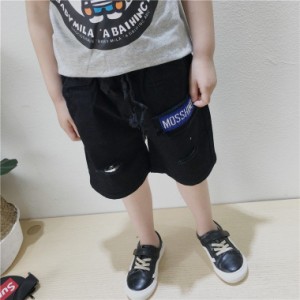 子ども用 半ズボン ボトムス ハーフパンツ 子ども服 ベビー キッズ ウエストリボン ダメージ加工 英語 英文 可愛い かっこいい オシャレ 