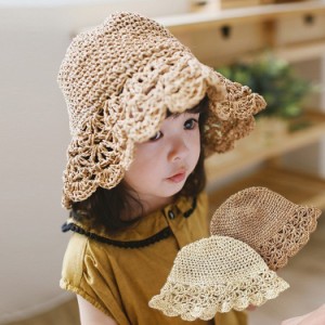 子供用麦わら帽子 麦藁帽子 ストローハット つば広帽 ツバ広ハット ざっくり編み キッズ 透かしデザイン 折り畳み可能 折りたたみ 日よけ