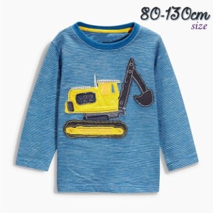 長袖Tシャツ カットソー キッズ ボーダー 男の子 ショベルカー ブルトーザー プルオーバー アップリケ ラウンドネック 子供用 黄色 おし