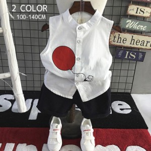 キッズ服 キッズウェア セットアップ ツーピース 上下セット シャツ ノースリーブ 前ボタン 風船 パンダ プリント 半ズボン ショートパン