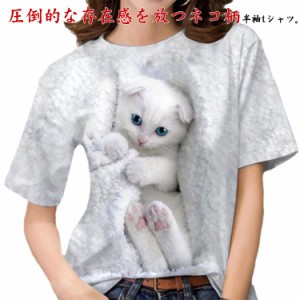 3D 猫プリントtシャツ 3D柄 カットソー レディース 半袖 3D Tシャツ おもしろ 面白 猫 tシャツ ねこ キャット にゃんこ ラウンドネック 