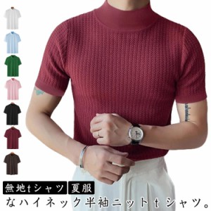 ハイネック カットソー メンズ 半袖 Tシャツ モックネック 無地tシャツ 夏 ハイネックtシャツ 細身 トップス 白 黒 サマーニット タイト 