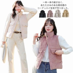 綿100％ べスト レディース 秋 冬 服 厚手 あったか ジャケット アウター ストライプ柄 カジュアル お出かけ 前開き ボタン ポケット 女