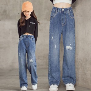 ワイドレッグパンツ 春 おしゃれ 女の子 韓国子供服 ジーンズ デニムダメージジーンズ パンツ レジャー 学生 デニムパンツ キッズ 韓国子