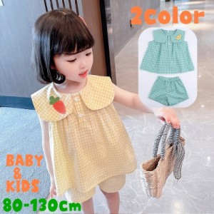 セットアップ ベビー 子供服 ブラウス セットアップ キッズ 女の子 ショートパンツ 袖なし 薄手 短パン ギンガムチェック柄 大きな襟 ノ