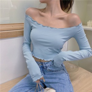 レディース 長袖 Tシャツ オフショルダー カシュクール タイト フィット トップス ショート丈 へそ出し 薄手 シンプル 上品 着痩せ イン