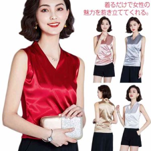 5色展開 Tシャツ ノースリーブ シルクタッチ タンクトップ ゆったり ブラウス トップス レディース エレガント 大人女子 サテン調 夏服 