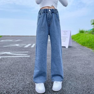 キッズ デニム パンツ ストレート ワイドパンツ ジーパン ウエストゴム ロングパンツ 女の子 小学生 中学生 夏 秋