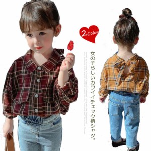 送料無料 韓国子供服 新作 シャツ キッズ トップス チェック柄シャツ 女の子 ブラウス ベビー チェック柄ブラウス 子ど服 長袖 リボン 可