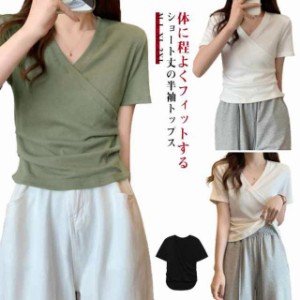 Vネック 春 カットソー トップス きれいめ 半袖 vネック 体型カバー 大人 夏服 tシャツ 細見え 美ライン tシャツ 夏 女性 無地 レディー