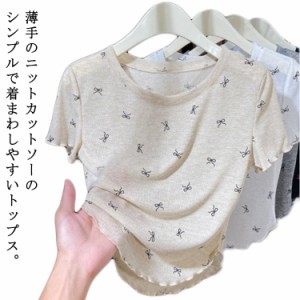 吸汗速乾 レディース 春夏 tシャツ 冷感 tシャツ トップス 夏 ニットソー 半袖 ゆったり カットソー リブ おしゃれ 薄手 リボン 無地 サ