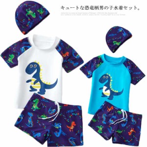 送料無料 子供 水着 男の子 上下セット 2点セット スクール水着 キッズ スイムウェア Tシャツ 半袖 ショートパンツ セパレート 動物柄 恐