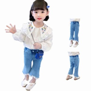 キッズ デニムパンツ 子ども服 女の子 おしゃれ デニムフレアパンツ 春秋 可愛い フラワーパンツ デニム ゆったり 九分丈 無地 ウエスト